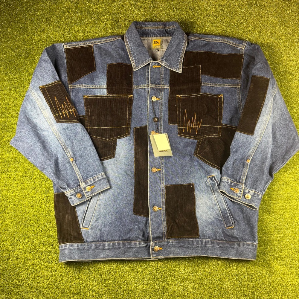 Boom-X BX Jeans Patchwork Denim Jacket XXL Corduroy Multi-Pocket Streetwear Blue